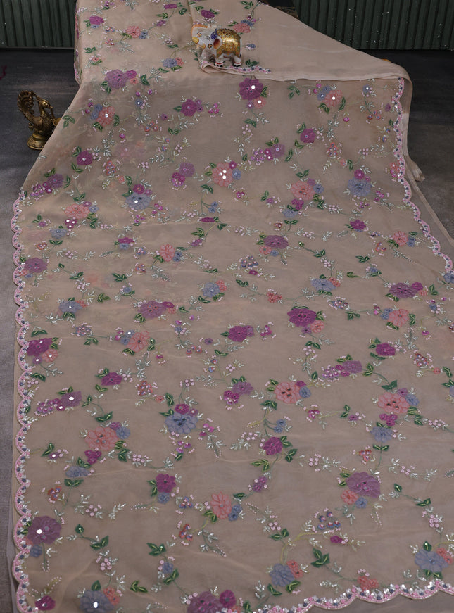 Beige Organza Embroidery Saree