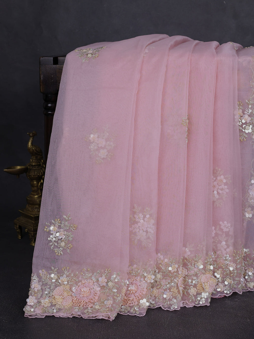 Light Pink Organza Embroidery Saree