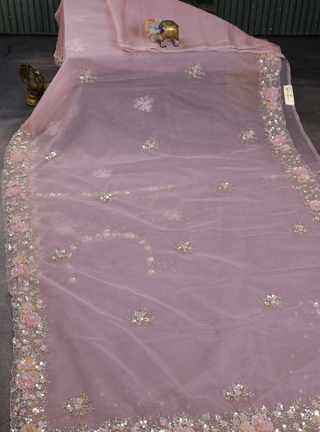 Light Pink Organza Embroidery Saree