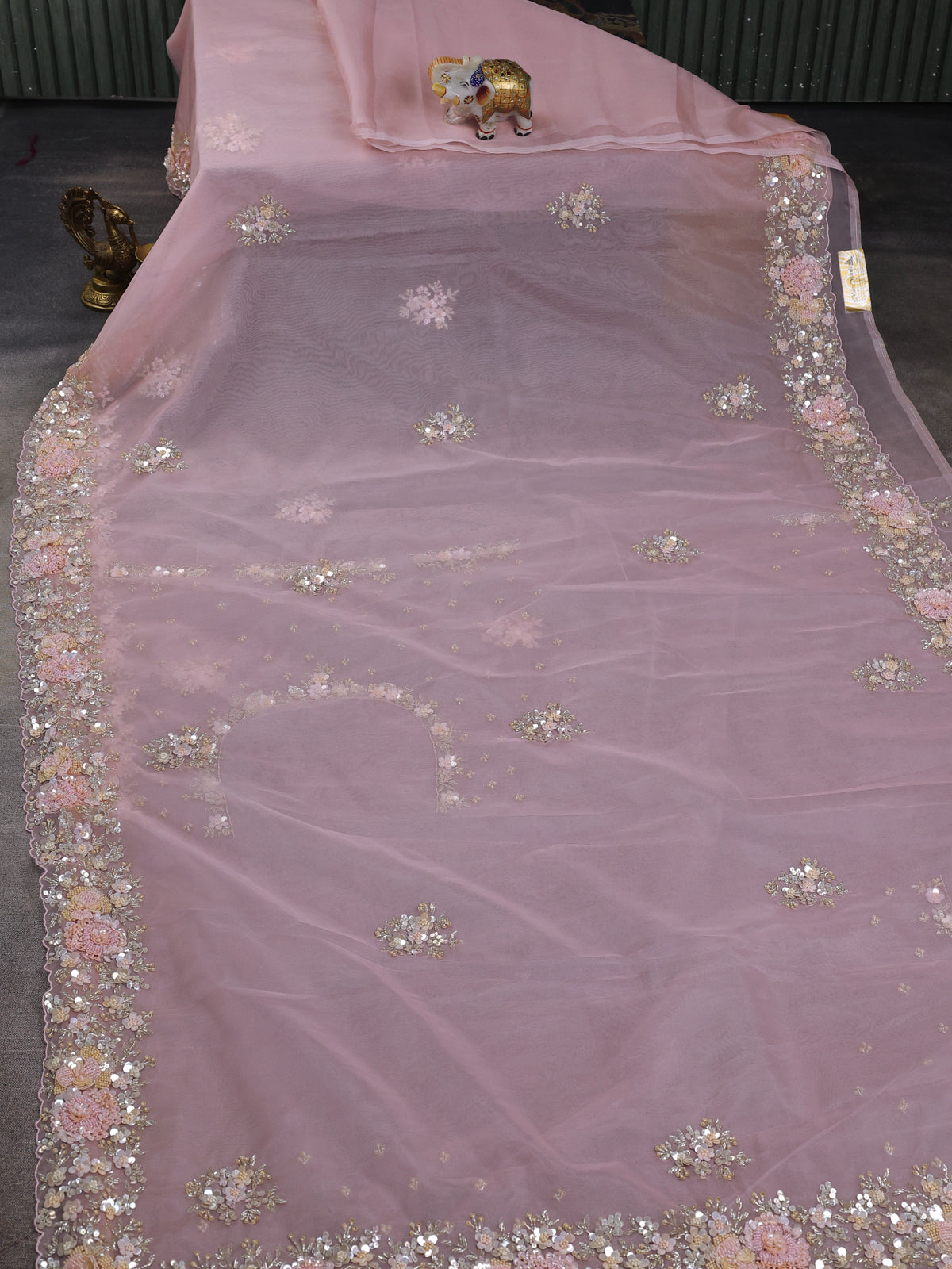 Light Pink Organza Embroidery Saree