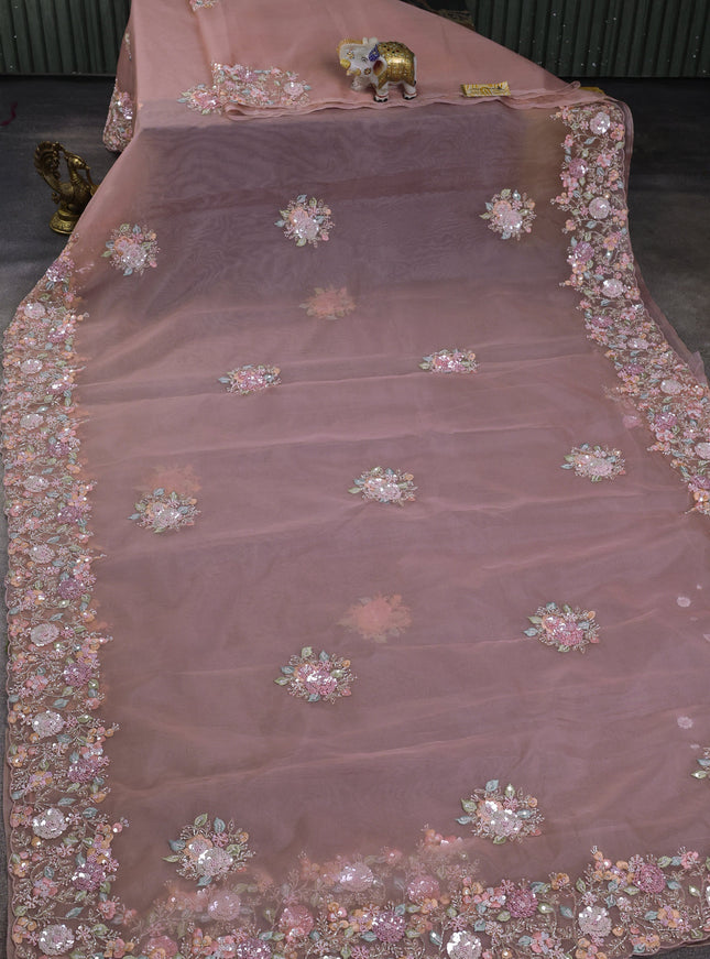Peach Organza Embroidery Saree