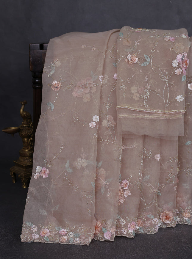 Beige Organza Embroidery Saree