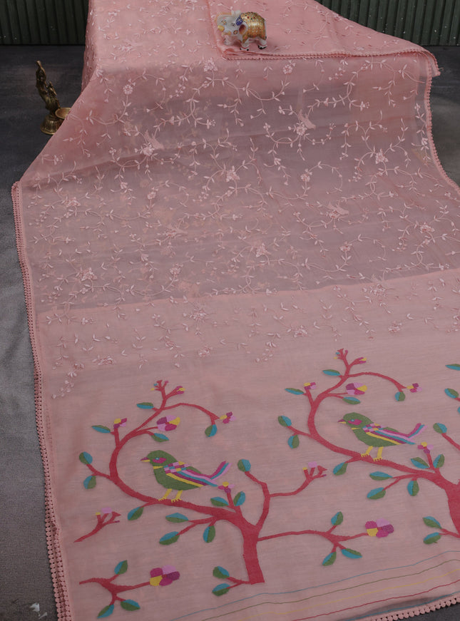 Peach Organza Embroidery Saree