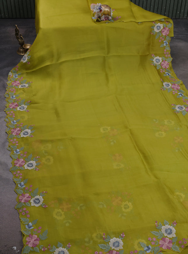 Lime Green Organza Embroidery Saree