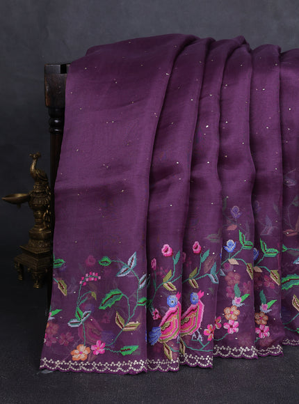 Wine Organza Embroidery Saree
