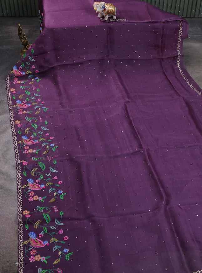 Wine Organza Embroidery Saree