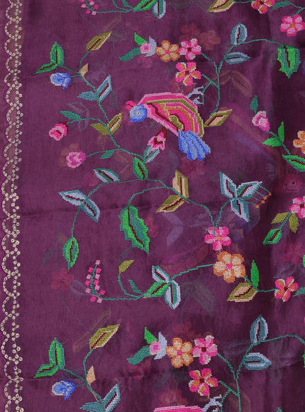 Wine Organza Embroidery Saree