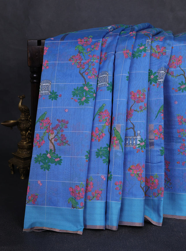 Indigo Blue - Firozi Blue Chanderi Printed Saree
