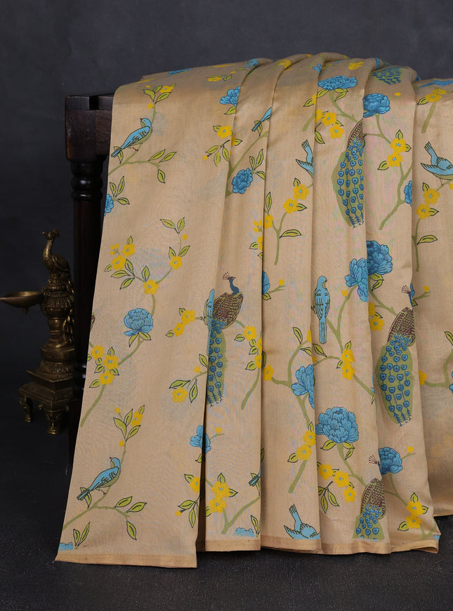 Beige Chanderi Printed Saree