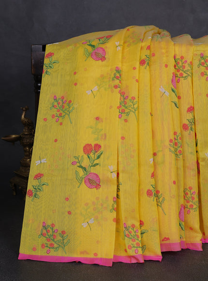Yellow - Pink Chanderi Printed Saree
