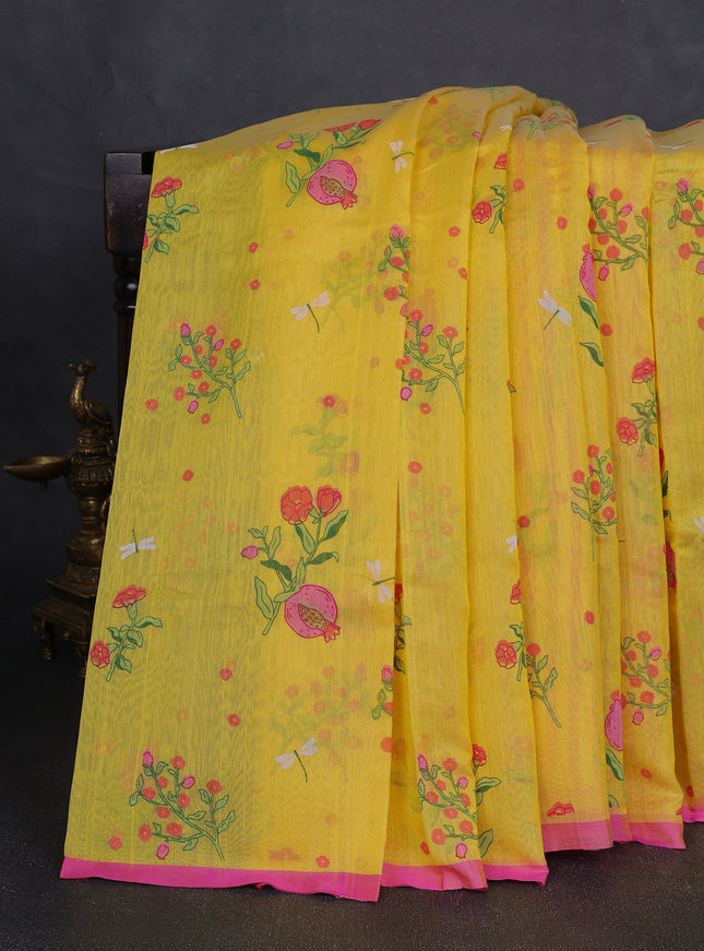 Yellow - Pink Chanderi Printed Saree