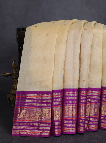Beige - Purple Pure Kanchipuram Silk Saree