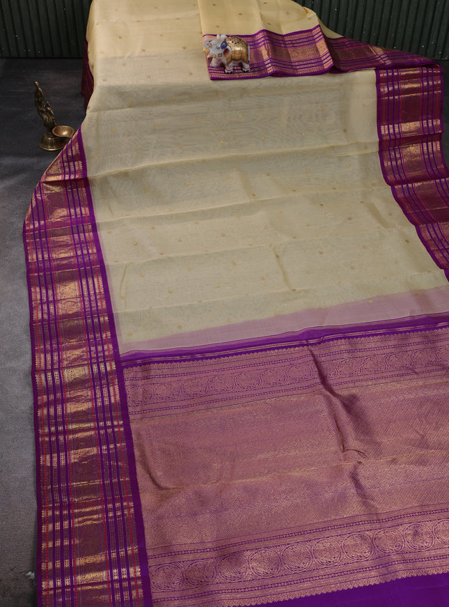 Beige - Purple Pure Kanchipuram Silk Saree