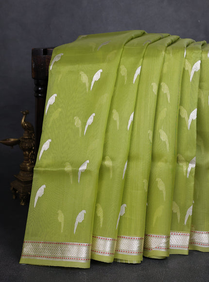 Parrot Green Banarasi Kora Silk Saree