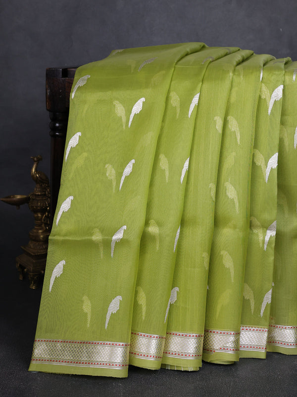 Parrot Green Banarasi Kora Silk Saree