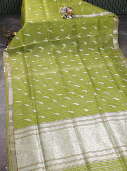 Parrot Green Banarasi Kora Silk Saree