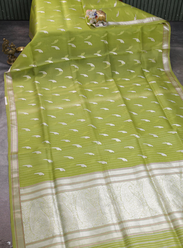 Parrot Green Banarasi Kora Silk Saree