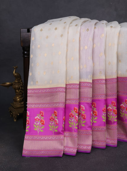 Off White - Purple Banarasi Kora Silk Saree