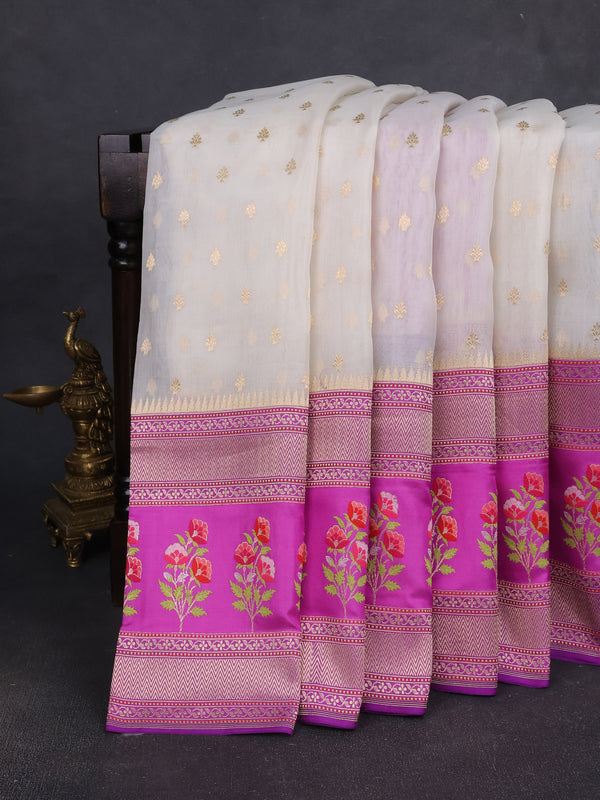 Off White - Purple Banarasi Kora Silk Saree