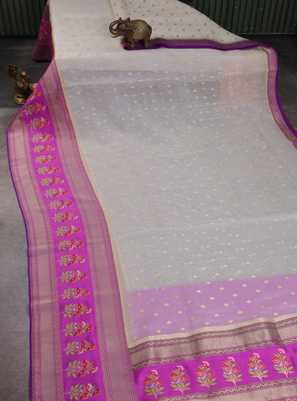 Off White - Purple Banarasi Kora Silk Saree