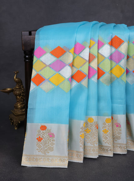 Sky Blue - Beige Banarasi Kora Silk Saree