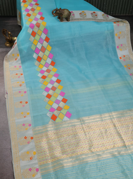Sky Blue - Beige Banarasi Kora Silk Saree