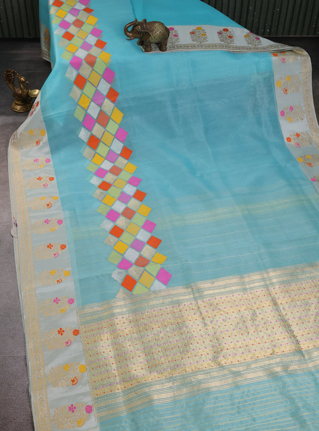 Sky Blue - Beige Banarasi Kora Silk Saree