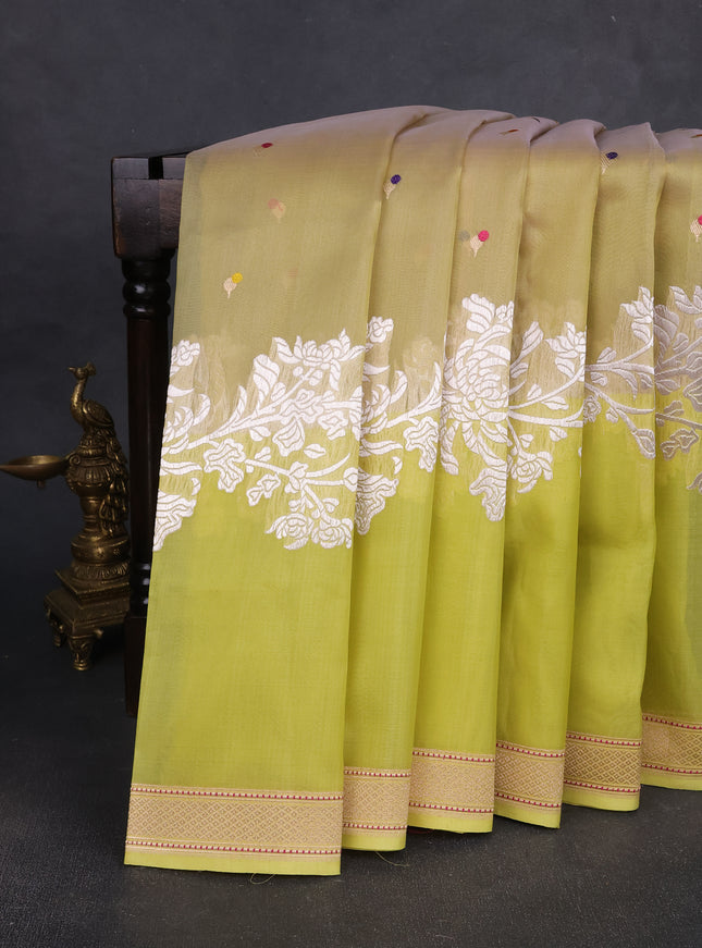 Elaichi Green - Lime Yellow Banarasi Kora Silk Saree