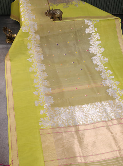 Elaichi Green - Lime Yellow Banarasi Kora Silk Saree