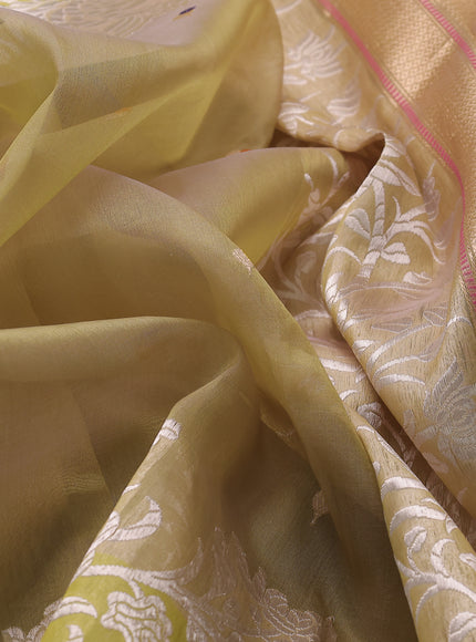 Elaichi Green - Lime Yellow Banarasi Kora Silk Saree