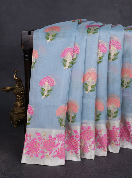 Pastel Blue - Beige Banarasi Kora Silk Saree