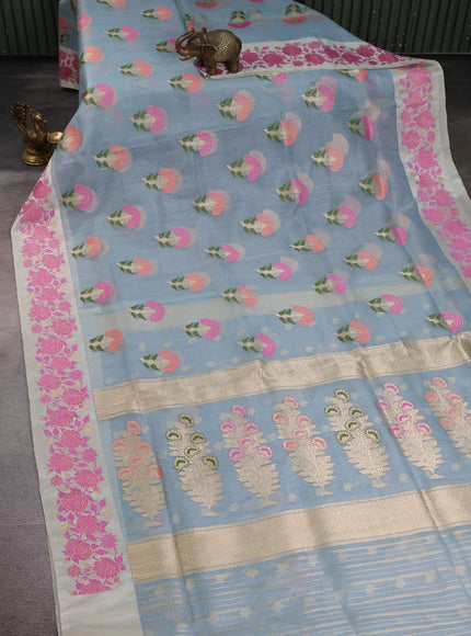 Pastel Blue - Beige Banarasi Kora Silk Saree
