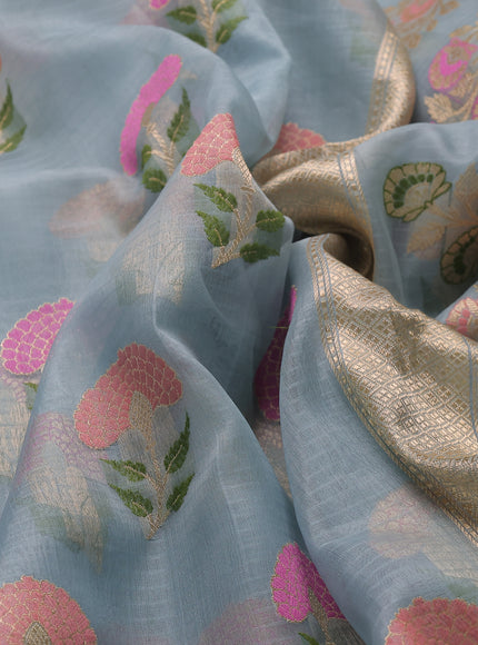 Pastel Blue - Beige Banarasi Kora Silk Saree