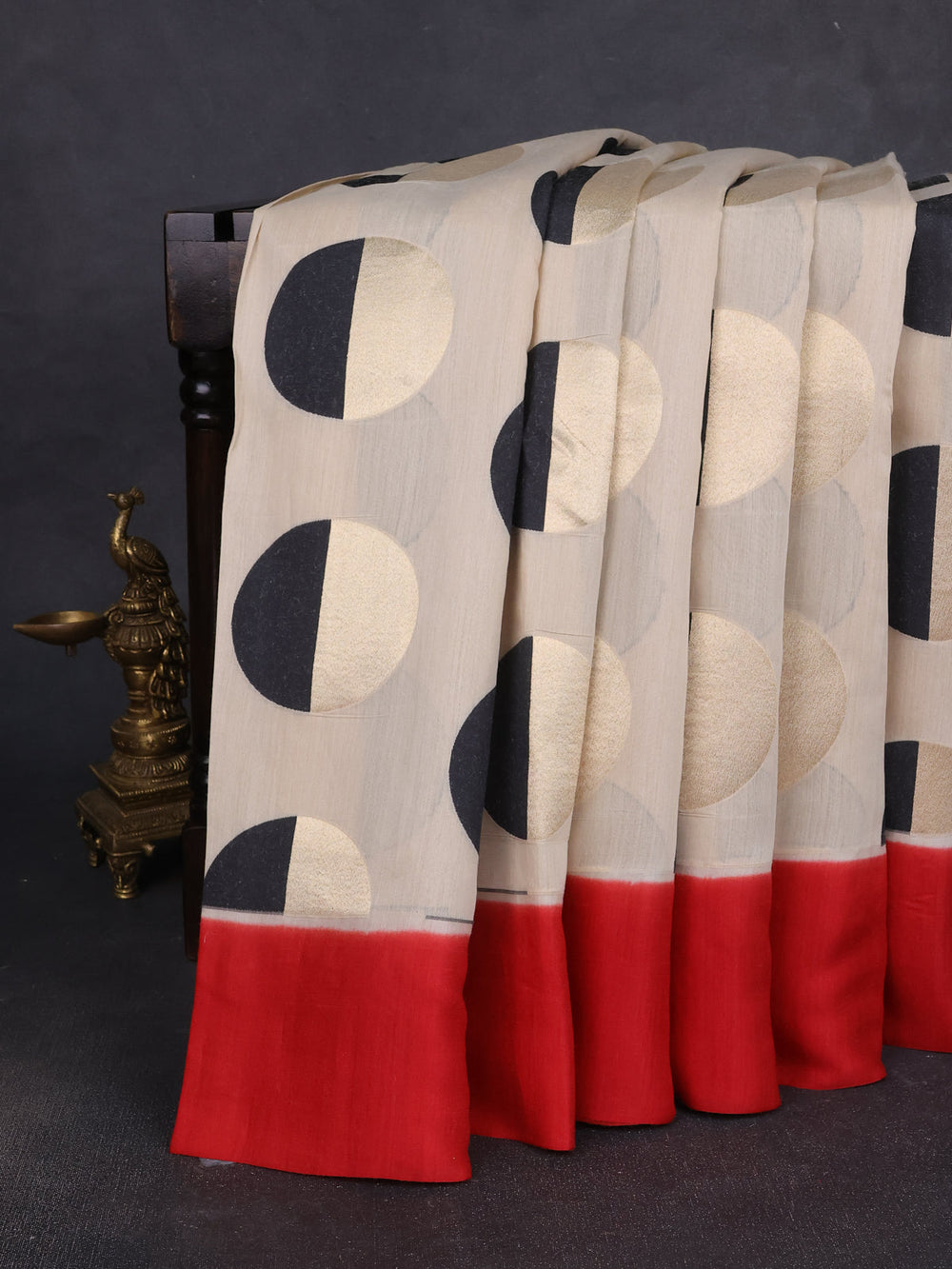 Beige - Red Banarasi Tussar Silk Saree
