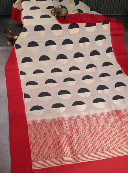 Beige - Red Banarasi Tussar Silk Saree