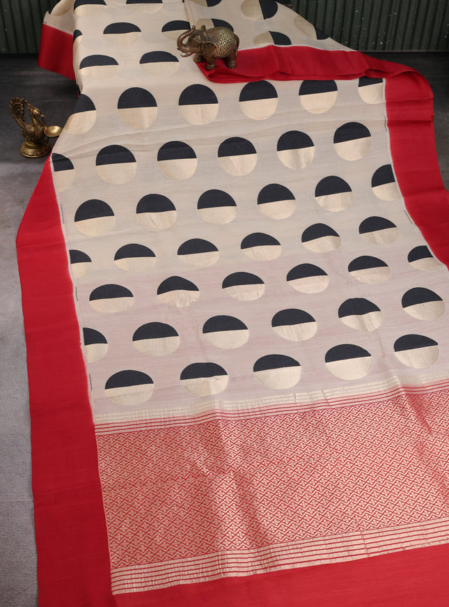 Beige - Red Banarasi Tussar Silk Saree