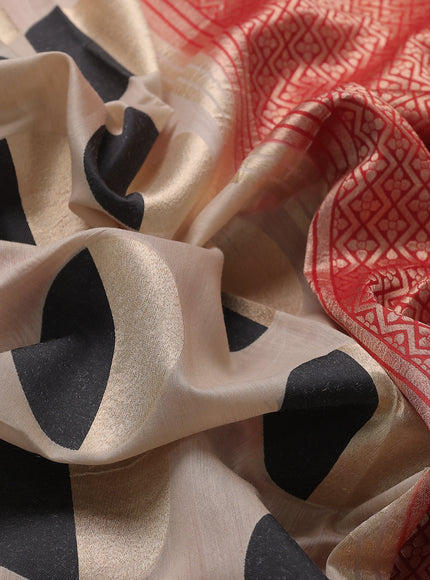 Beige - Red Banarasi Tussar Silk Saree