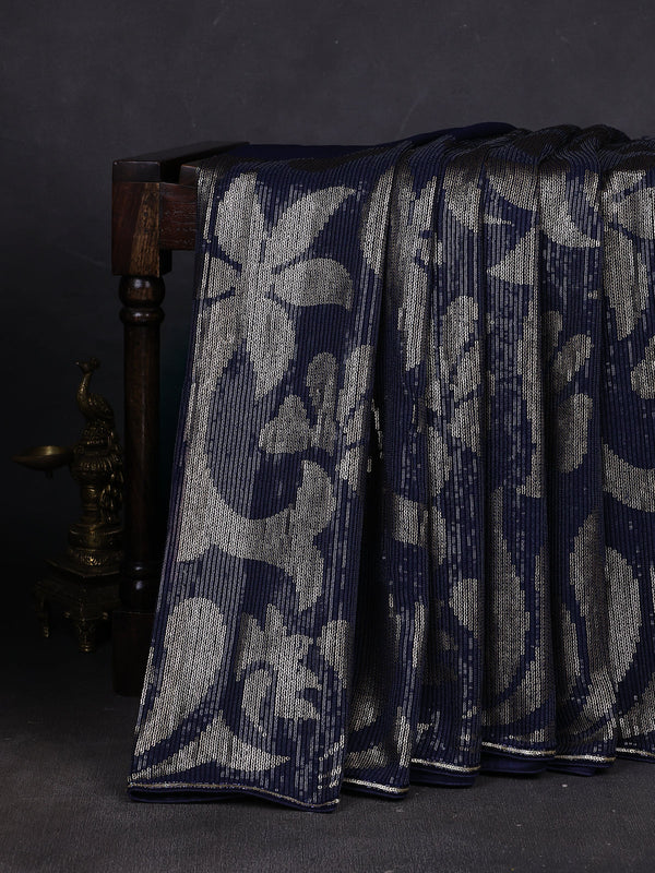 Navy Blue Georgette Sequin Embroidery Saree