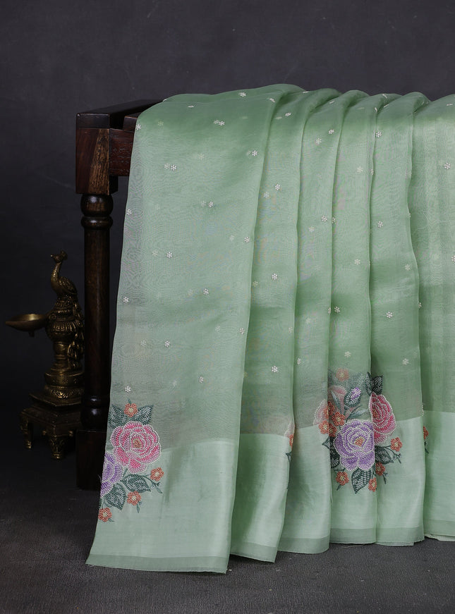 Pastel Green Organza Embroidery Silk Saree