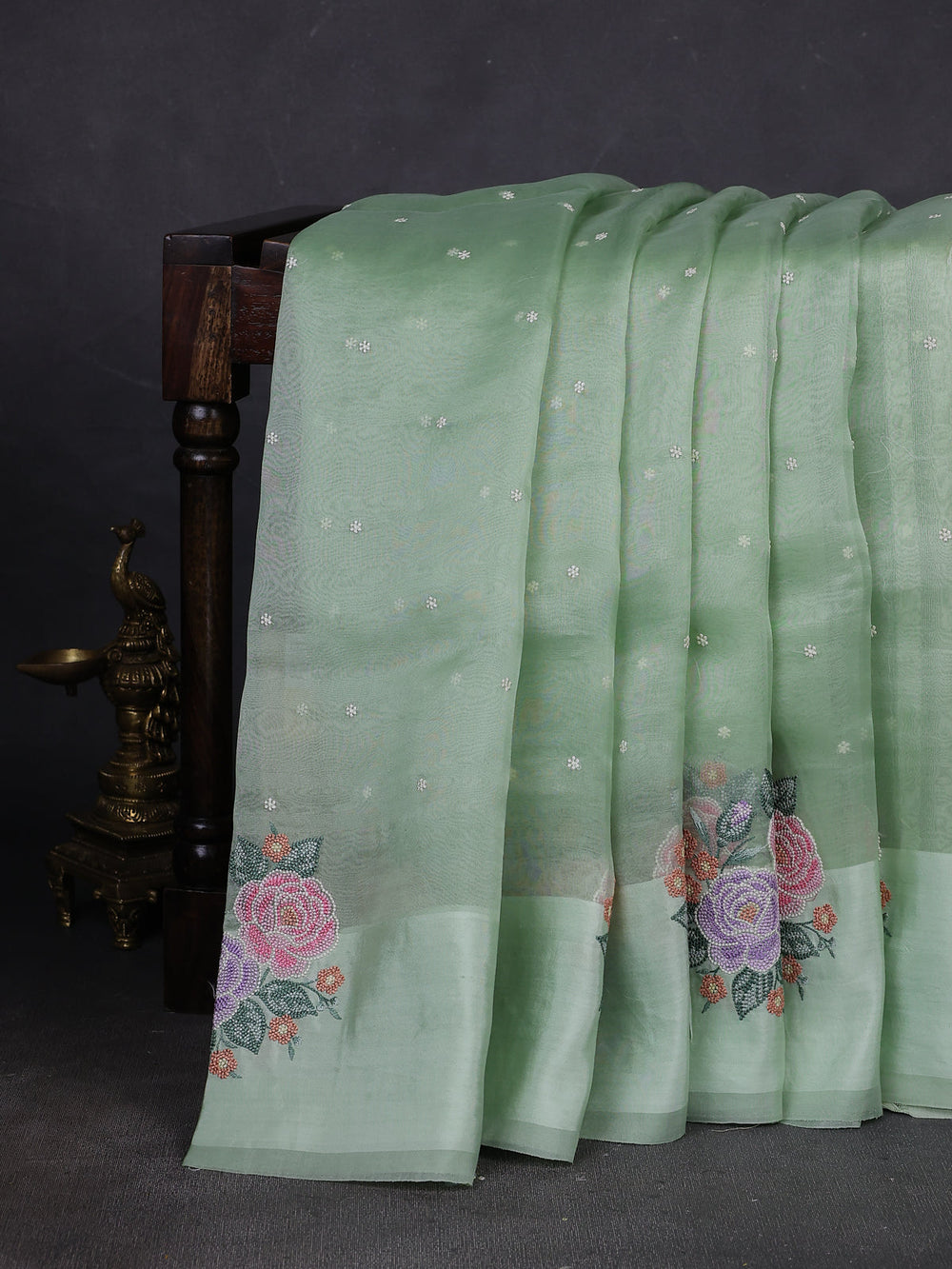 Pastel Green Organza Embroidery Silk Saree