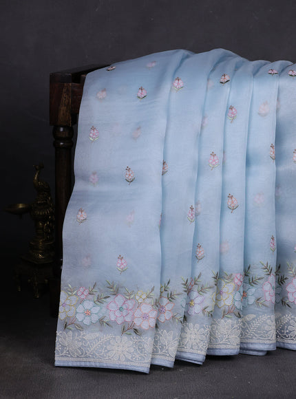 Pastel Blue Organza Embroidery Silk Saree