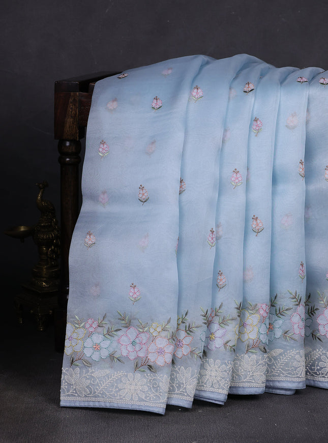 Pastel Blue Organza Embroidery Silk Saree