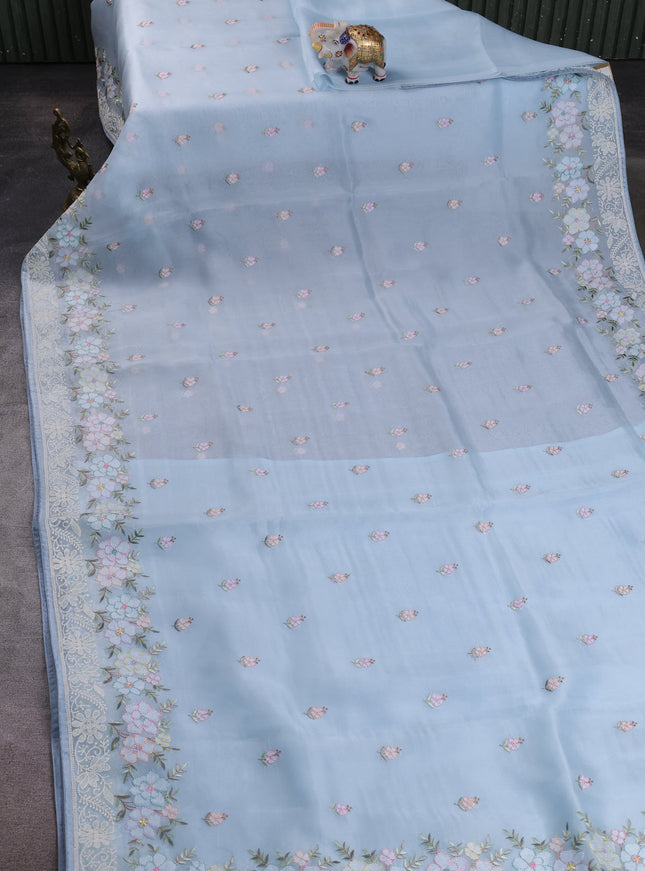 Pastel Blue Organza Embroidery Silk Saree