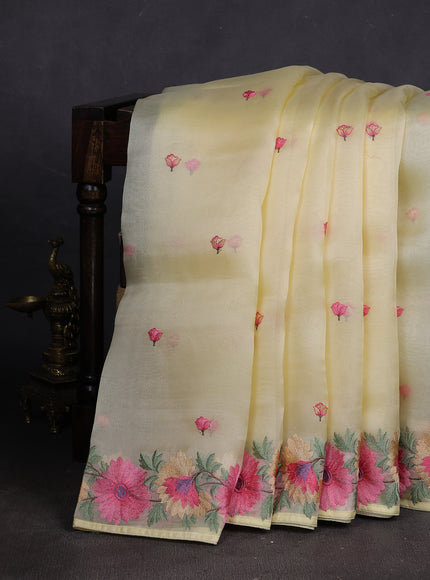 Pale Yellow Organza Embroidery Silk Saree