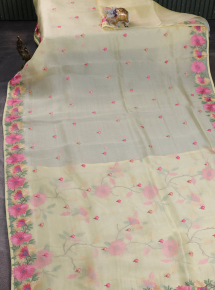 Pale Yellow Organza Embroidery Silk Saree