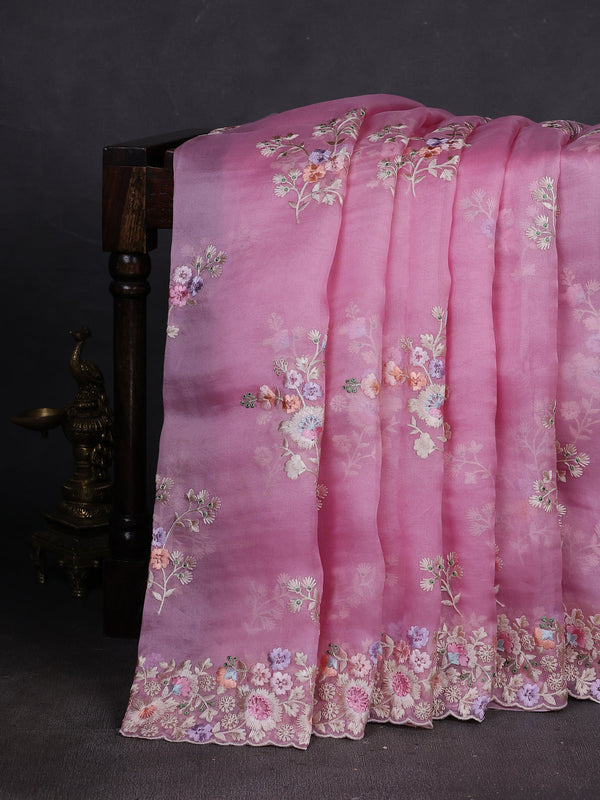 Light Pink Organza Embroidery Silk Saree