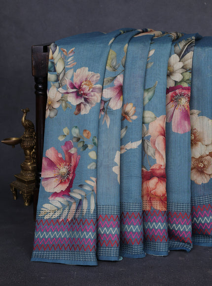 Peacock blue Tussar Printed Silk Saree