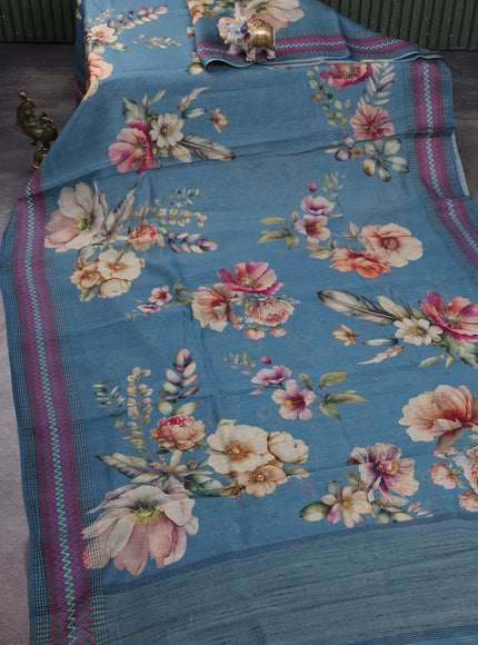 Peacock blue Tussar Printed Silk Saree