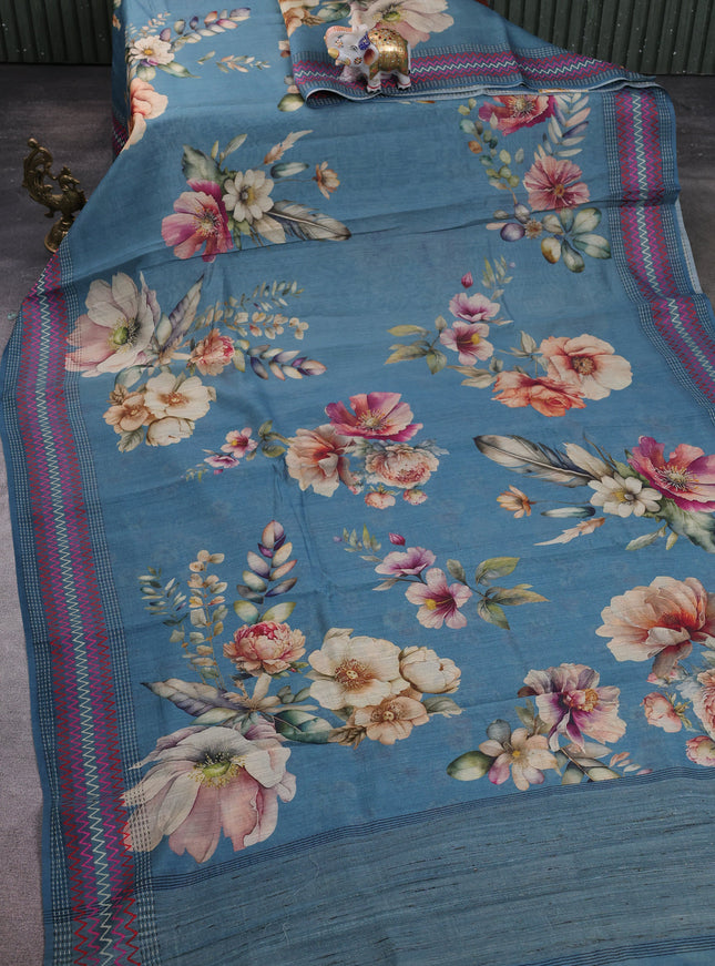 Peacock blue Tussar Printed Silk Saree