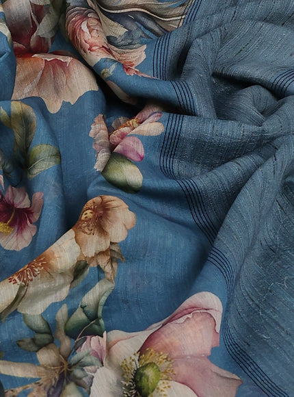 Peacock blue Tussar Printed Silk Saree